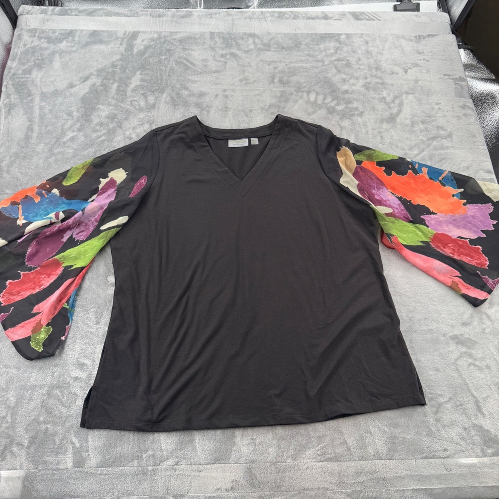 Brandis XL Black V-Neck Top Multi-Color Abstract Sheer Bell Sleeve Blouse